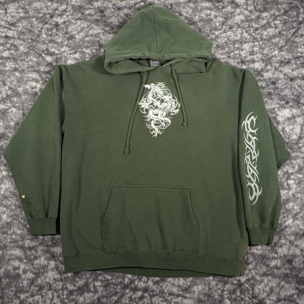 Vintage Top Heavy Dragon Hoodie Mens XL Y2K Double Sided Graphic Green Grunge